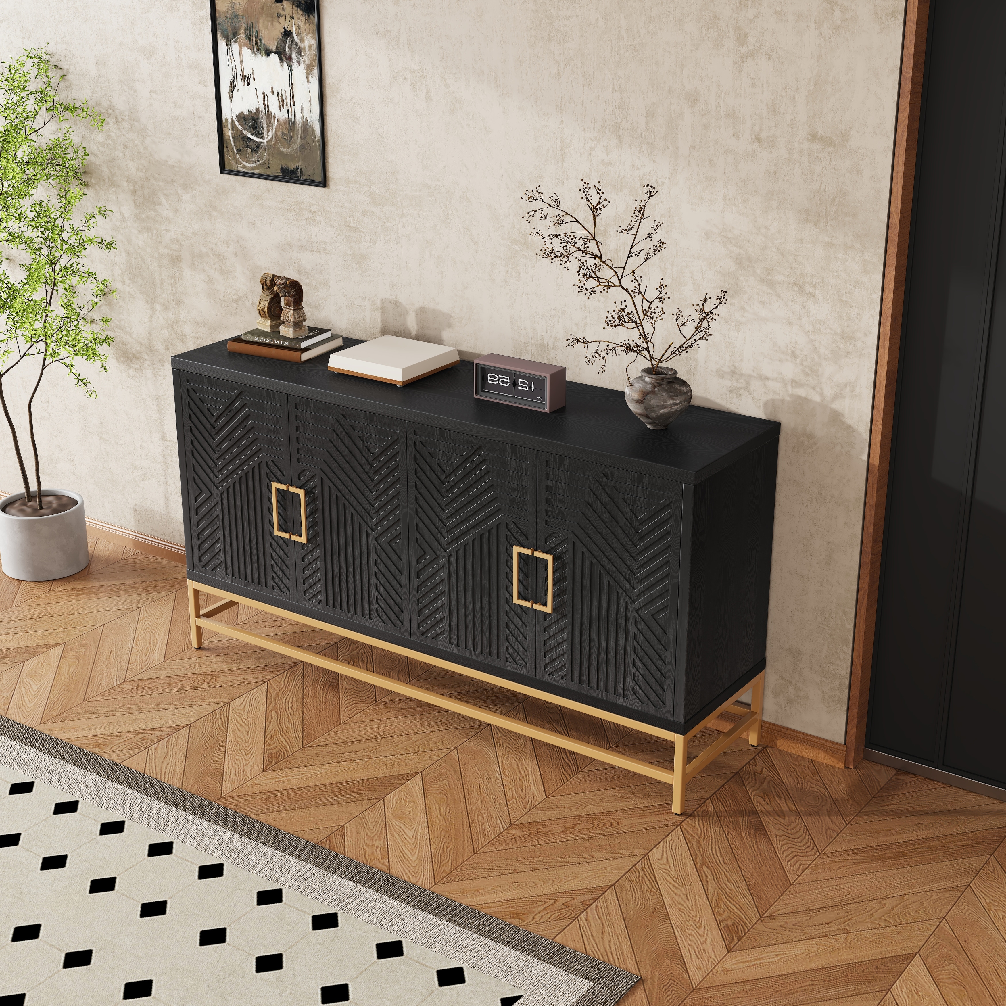 Kitchen Sideboard with Adjustable Shelves, Wood Console Table with Metal Handles, Wine Bar Cabinet with 4 Doors
