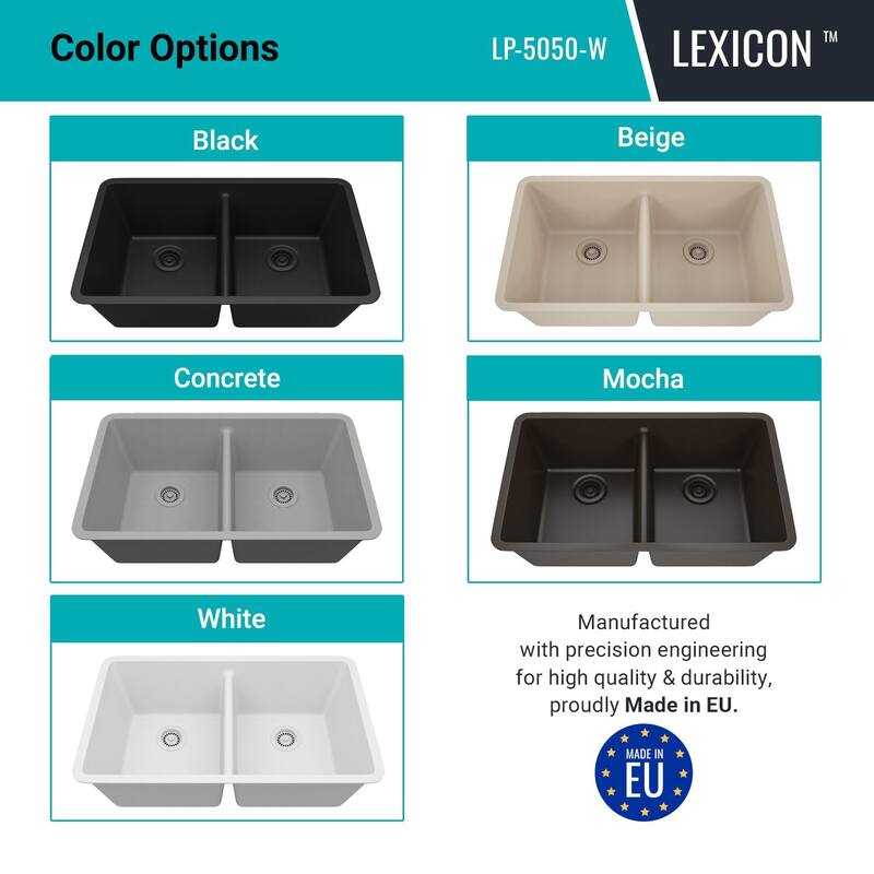 Lexicon Platinum 32" Quartz 50/50 Double Bowl Sink with Grids & Drain
