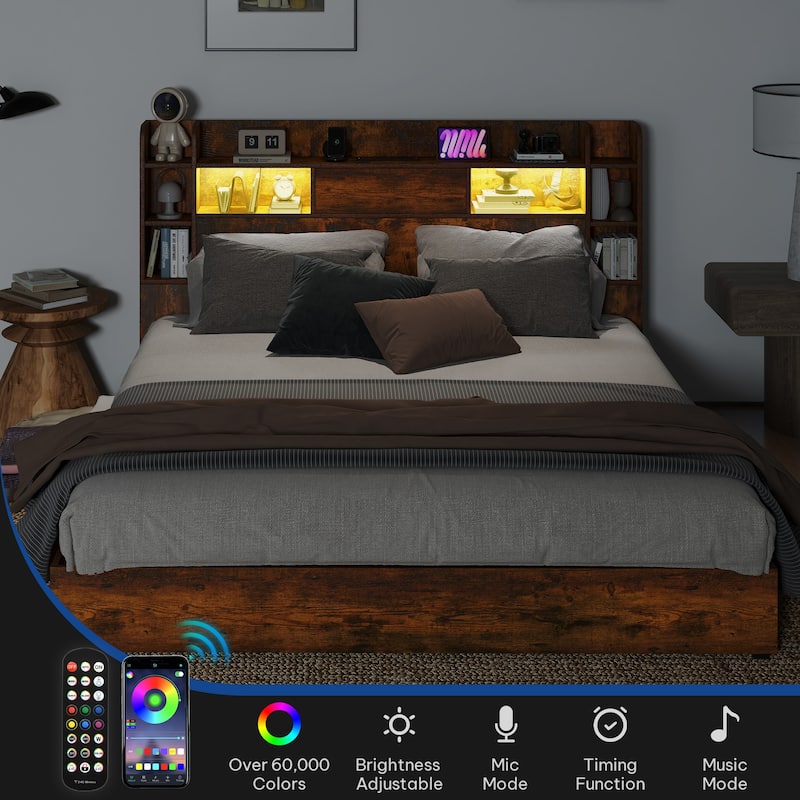 Moasis LED Bed Frame with Bookcase Headboard, 4 Storage Drawers and Type-C USB Charging Station