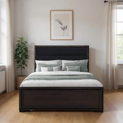 HomeRoots Brown and Black Wood And Upholstery Queen Bed Frame