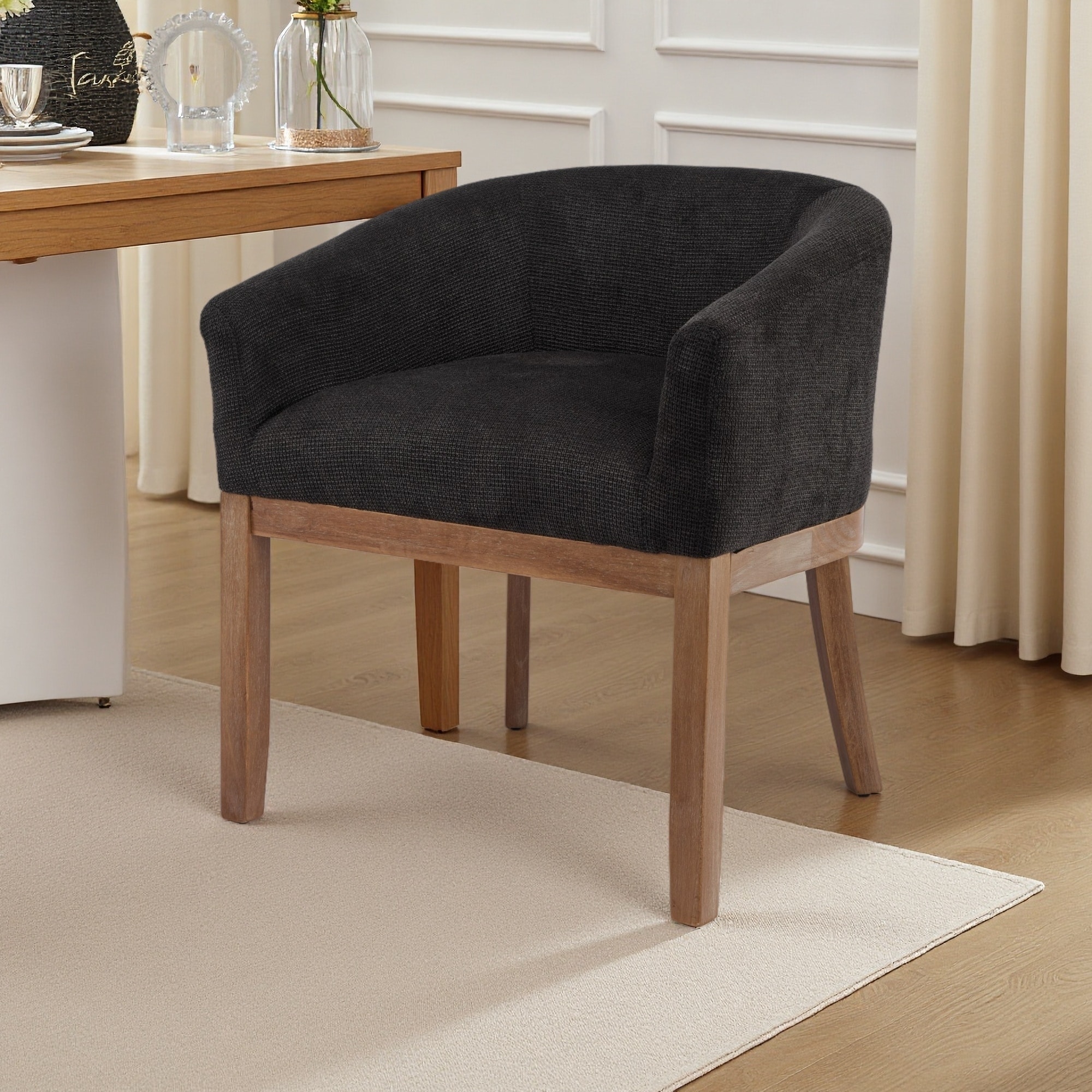 27.9"H Upholstered Barrel Arm Dining Chair with Linen Fabric & Rubberwood Frame