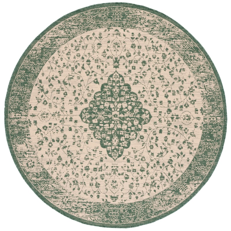 SAFAVIEH Courtyard Hanneke Indoor/ Outdoor Waterproof Patio Backyard Rug - 6'7" Round - Beige/Dark Green