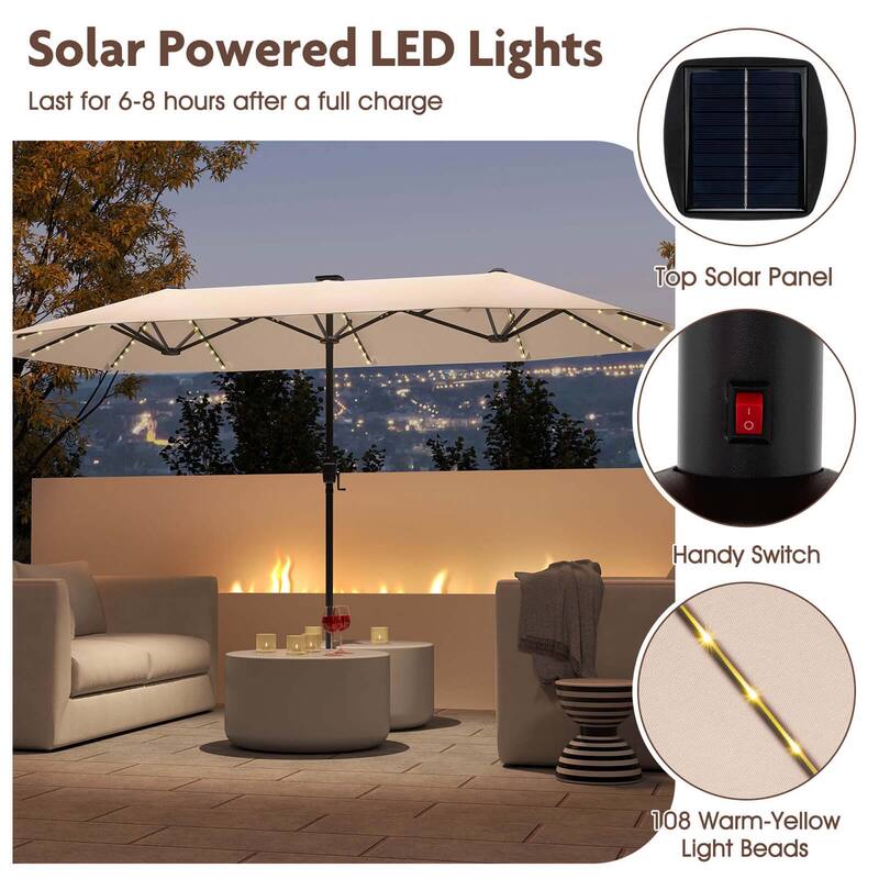 Costway 13 FT Large Patio Umbrella with LED Solar Lights Crank Handle