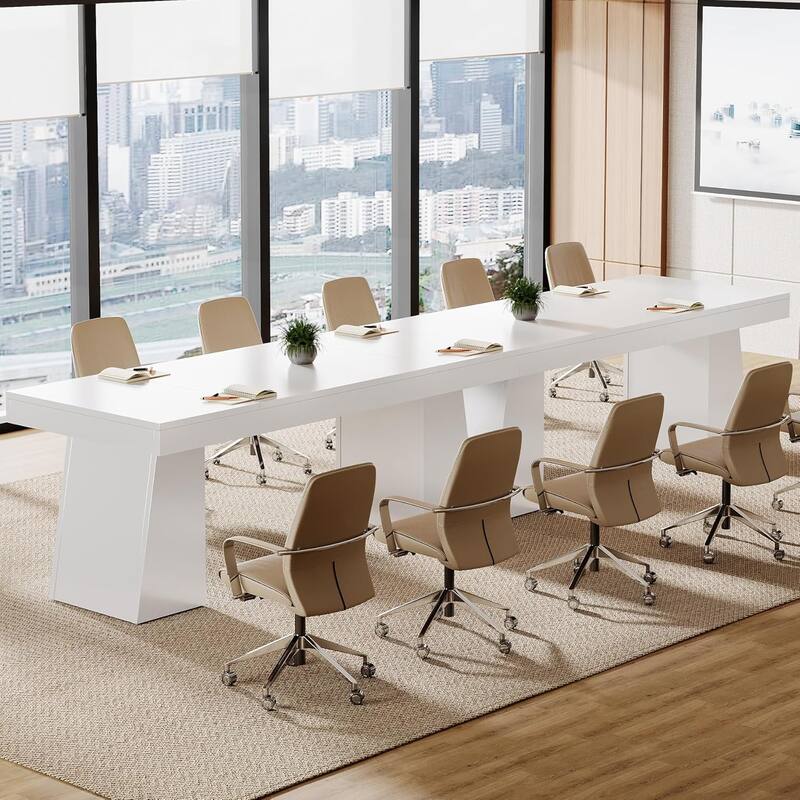 Conference Table, Modern Meeting Table with Thick Tabletop and Trapezoidal Legs