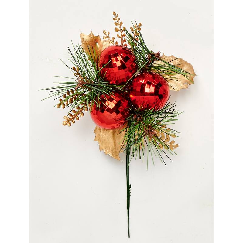 8" Pine Faceted Ball x 3 Pine Pick, Red, Set of 12