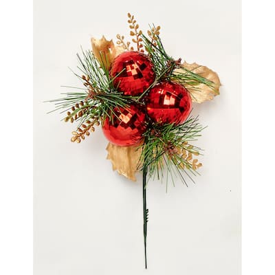 8" Pine Faceted Ball x 3 Pine Pick, Red, Set of 12
