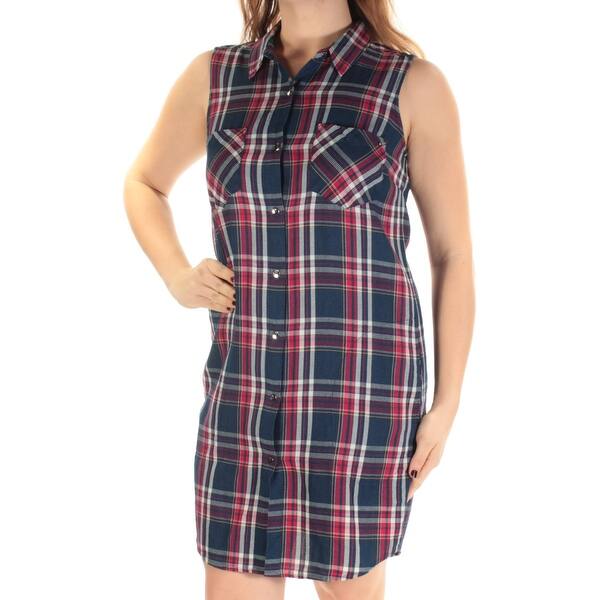 Shop Tommy Hilfiger Womens Navy Plaid Sleeveless Collared Above