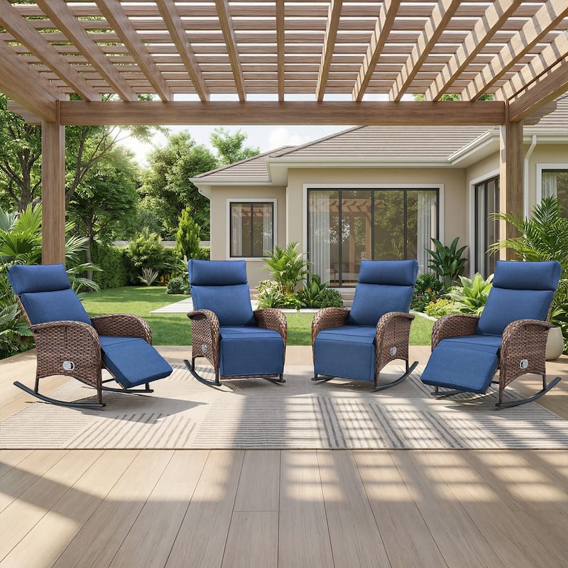 Meyreso Wicker Rocking Reclining Chaise Lounge with Adjustable Backrest & Footrest (4-Pack)