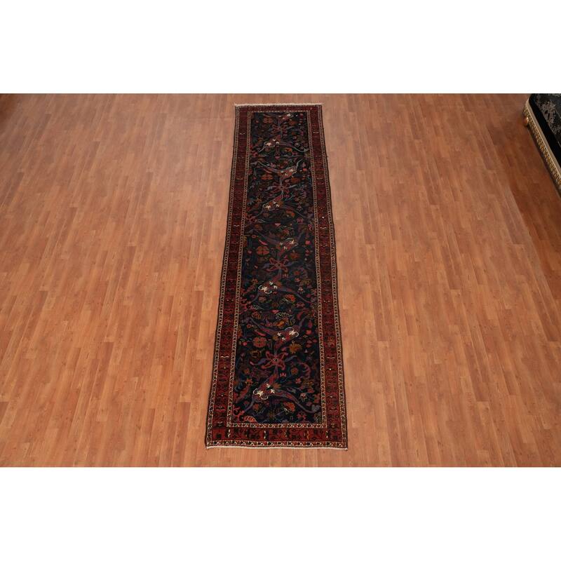 Hand Knotted Oriental 100% Wool Carpet Traditional Floral Navy Blue & Blues Bakhtiari Runner Rug - 13' 1'' X 3' 3''