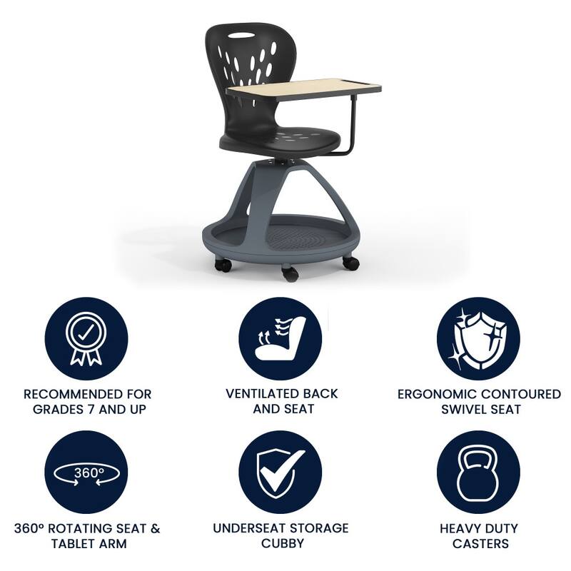 Mobile Desk Chair - 360-deg Tablet Rotation and Storage Cubby