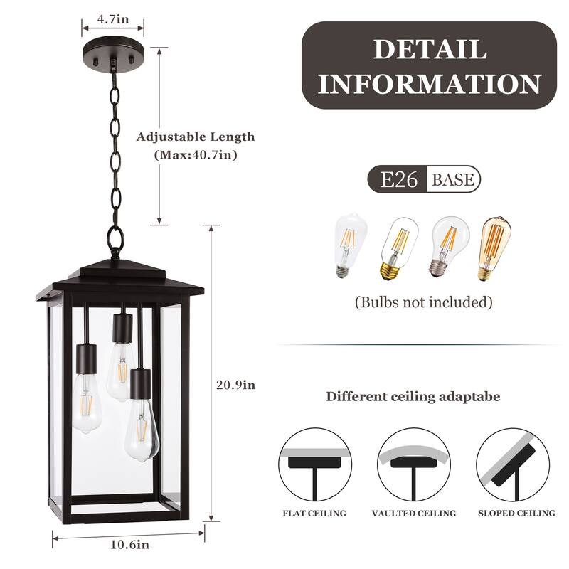 3-Light Large Outdoor Hanging Pendant Light with Glass