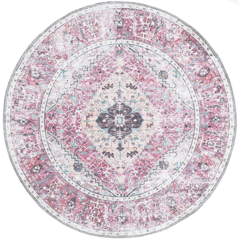 Traditional Tira Collection Area Rug - 4' Round - Light Coral-Pink