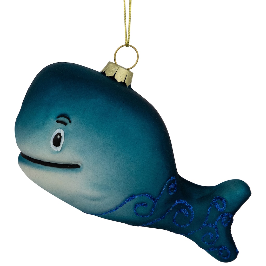 Glittered Whale Glass Christmas Ornament - 4" - Teal Blue - 2.5"
