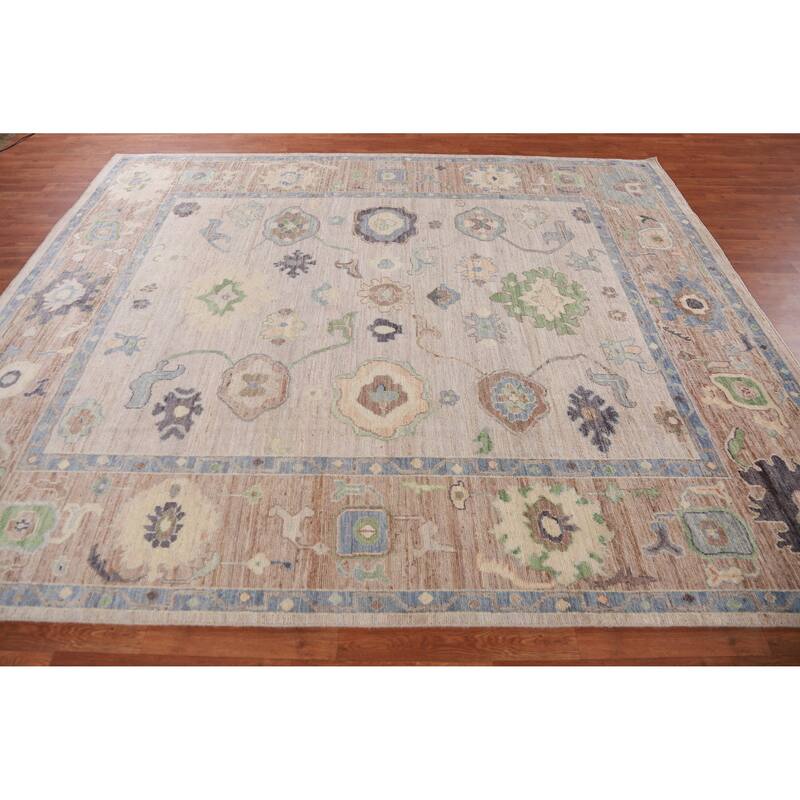 Hand Knotted Oriental 100% Wool Carpet Transitional All-Over Beige & Ivories Oushak Area Rug - 9' 9'' X 8' 1''