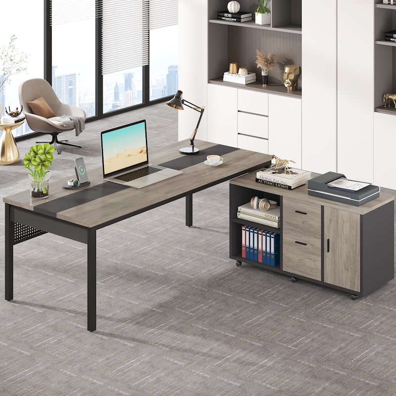 71 Inch Long Office Desk with Drawers & Mobile File Cabinet, L-Shaped Executive Desk with Storage for Home Office