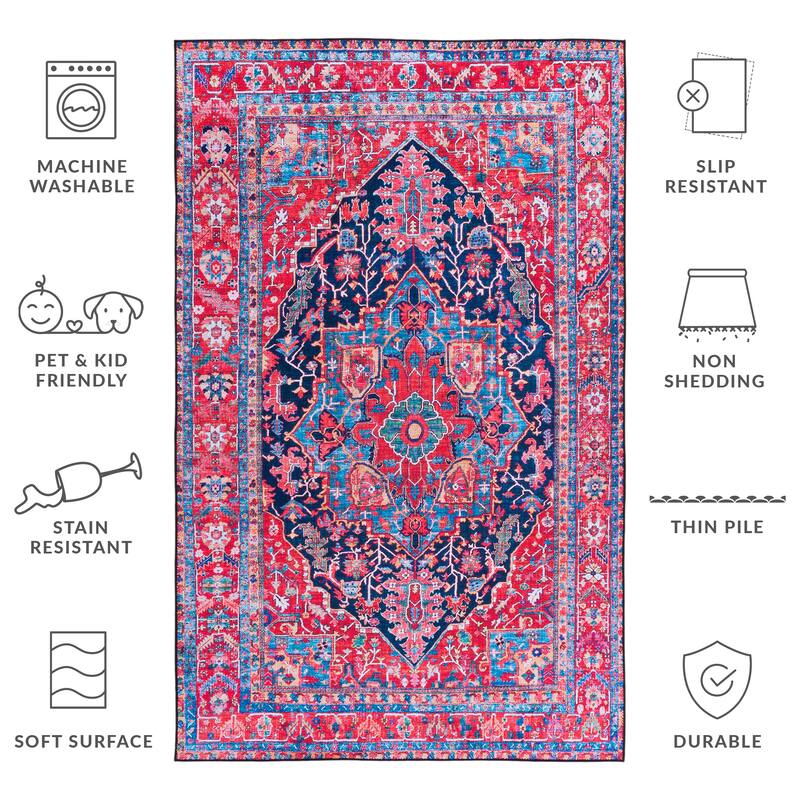 SAFAVIEH Tucson Machine Washable Slip Resistant Winnie Oriental Medallion - 4' x 6' - Navy/Red - Rectangle