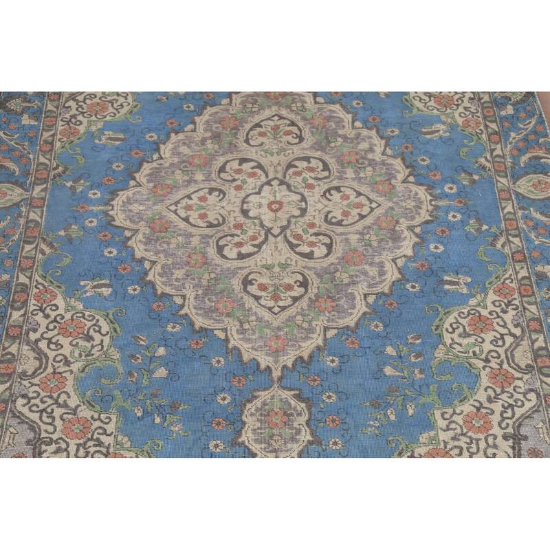 Distressed Blue Tabriz Persian Vintage Rug Hand-Knotted Wool Carpet - 6'10"x 10'8"
