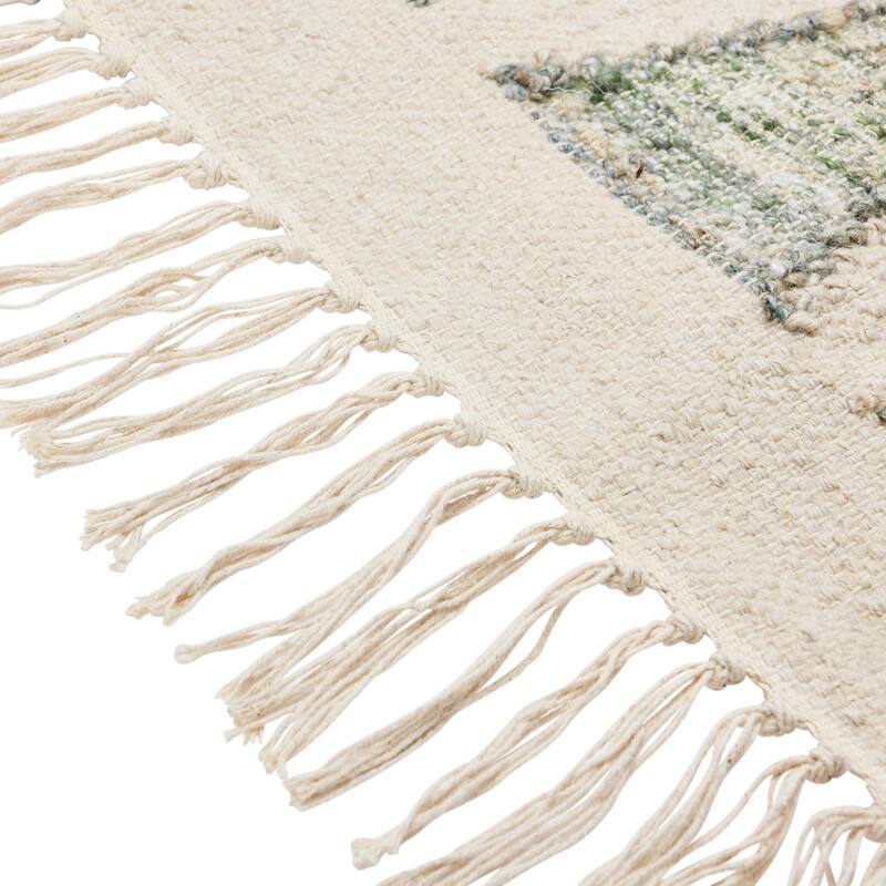 Hand-Woven Cotton & Wool Kilim Floor Runner, Variegated Green & Cream Color - 2' x 8'