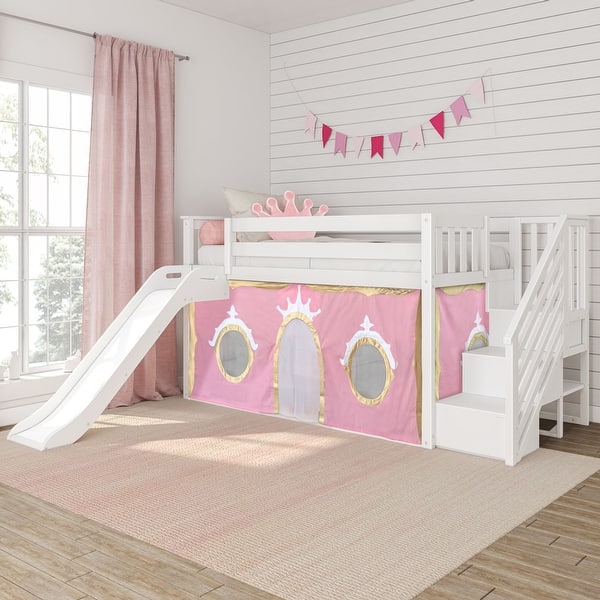 slide 2 of 22, Twin Over Twin Low Bunk Bed with Stairs, Slide, & Princess Curtain White