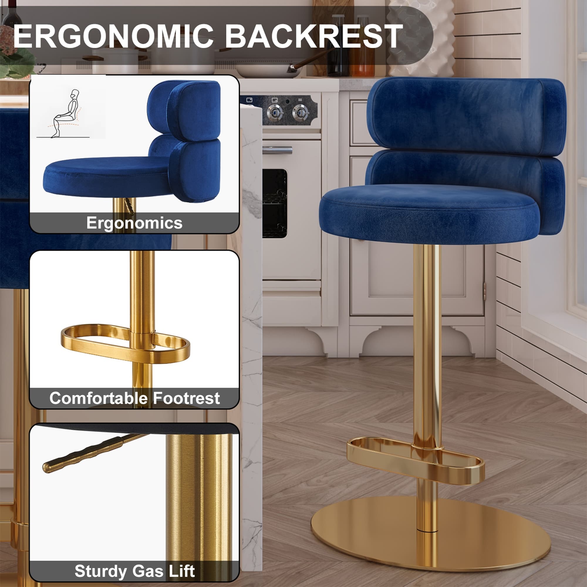 Modern Velvet Bar stool with Height Adjustable and Swivel