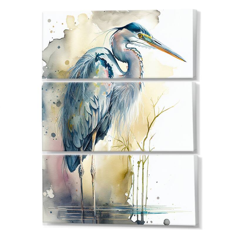 Designart "Heron By The Waterside Watercolour III" Animals Heron Canvas Art Print - 3 Panels