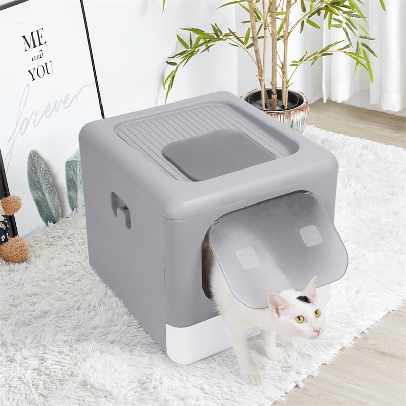 2Way Enclosed Cat Litter Box Top Entry with Scoop Fully Pull Out Drawer, Easy to Install&clean