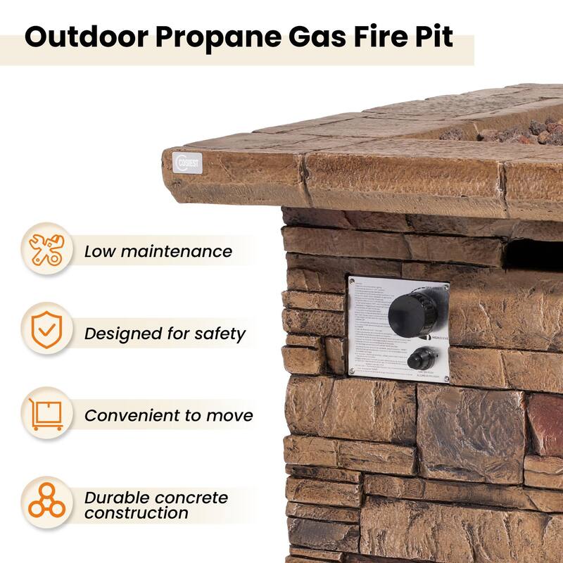 COSIEST Outdoor Square Propane Fire Pit Table w Faux Brown Ledgestone - 32" W x 32" D x 25" H