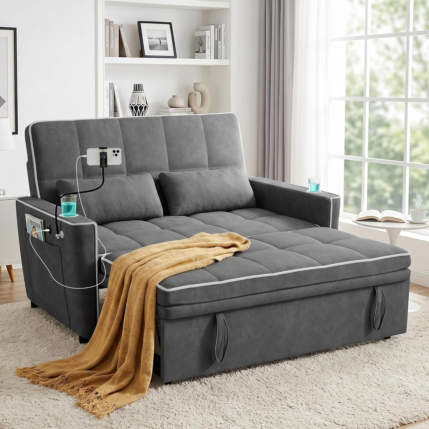 54" Convertible Sofa Bed with Phone Holder,Pull Out Couch with USB Port,Adjustable Backrest,Cup Holder,Velvet Fabric