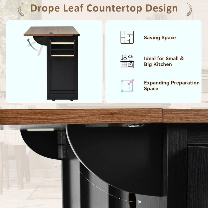 53.5'' Farmhouse Kitchen Island with Power Outlet, Drop Leaf, Spice Rack, Drawer, and Wheels