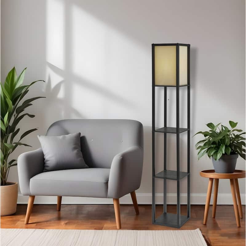 Wood Column Floor Lamp with Square Fabric Shade and Pull Chain - 10.25” x 10.25” x 63” (D x W x H)