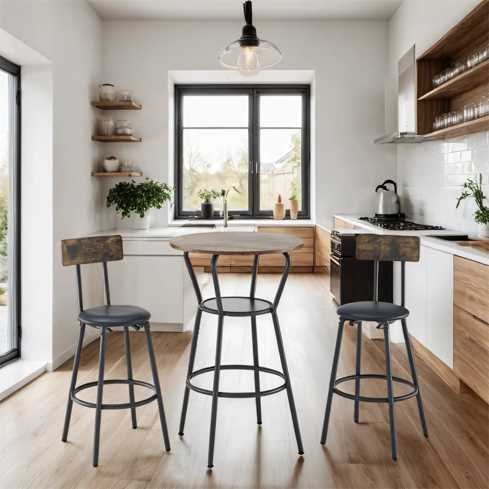 3 Pieces Metal Bar Table and Upholstered Stool Set with Shelf