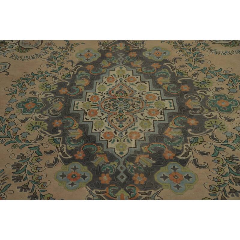 Hand Knotted Oriental 100% Wool Carpet Traditional Floral Beige & Ivories Tabriz Area Rug - 12' 9'' X 9' 8''