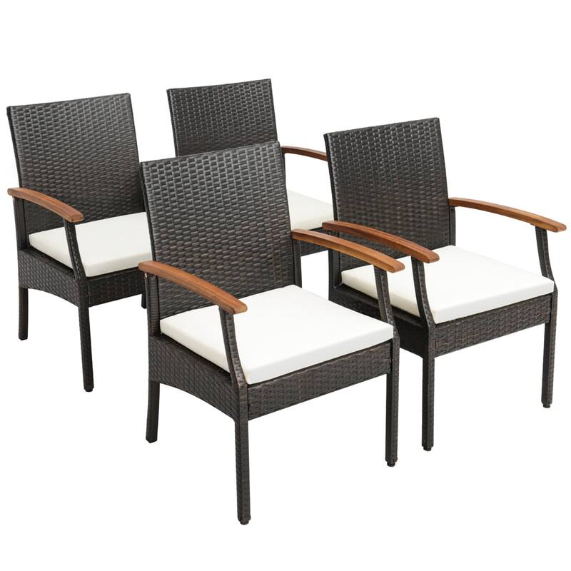 Costway 5PCS Patio Wicker Dining Set Cushion Acacia Wood Armchairs - 5-Piece
