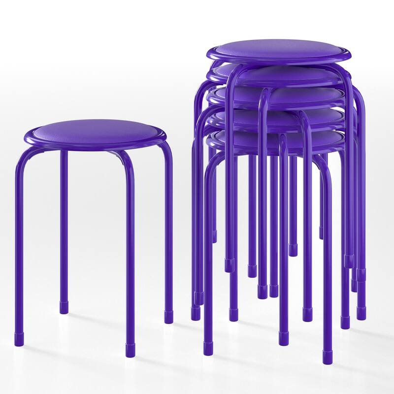 VECELO 6-Pack Stacking Stools for Living Room Backless Round Stools Set Indoor Outdoor Use with Metal Frame & Non-Slip Feet - Purple
