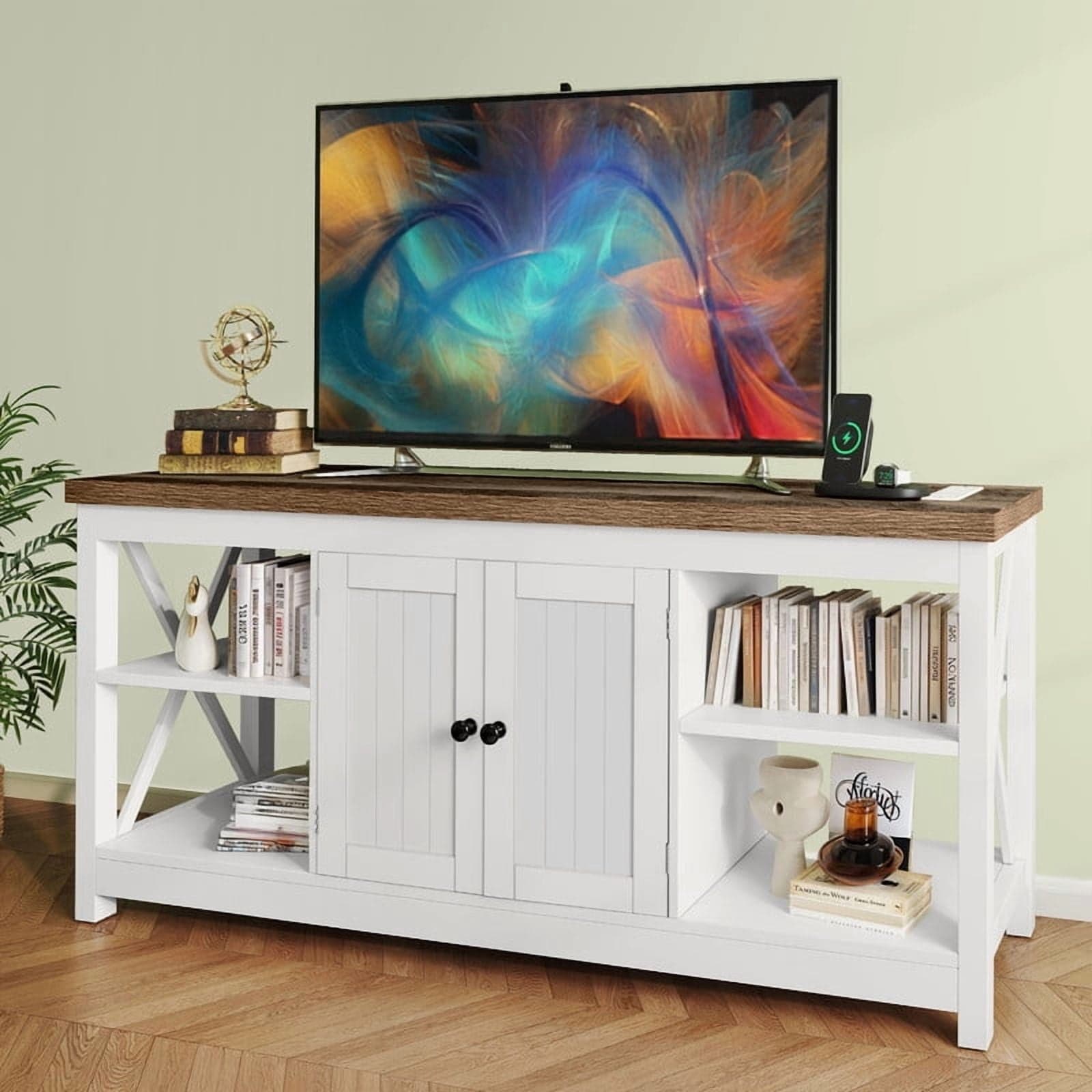 Farmhouse TV Stand for 65-inch TVs with Power Outlets & Storage Cabinet, White Entertainment Center