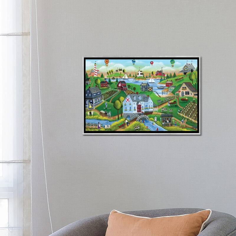 iCanvas "Village By The Sea with Hot Air Ballons" by Cheryl Bartley Framed