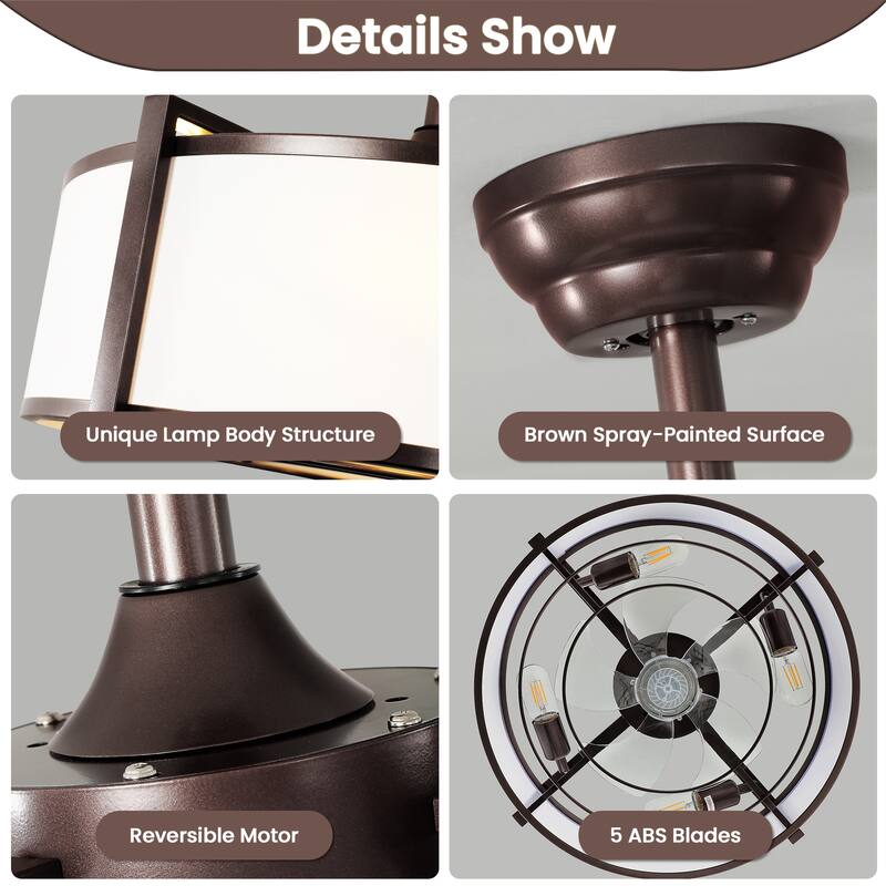 20" Modern Fabric Caged Ceiling Fan Chandelier with Remote - 4-Light