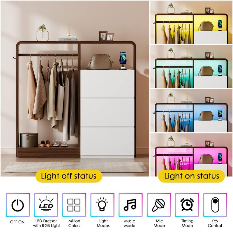 Dresser for Bedroom with Hanging Closet, 3 Drawers Dresser with LED Lights & Charging Station
