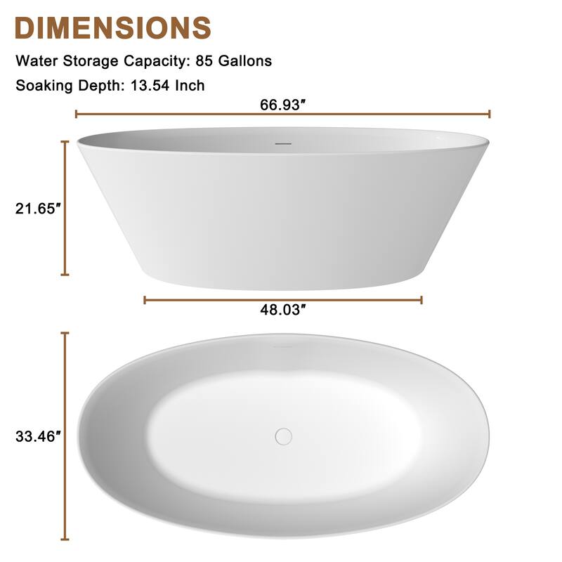 CASAINC 67" Resin Stone Solid Surface Soaking Stand Alone Bathtub Freestanding Bathtub in Matte White - 67 inch
