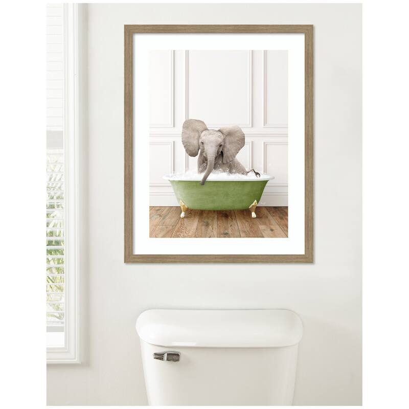 Kate and Laurel Baby Elephant in Transitional Bathtub by Amy Peterson Framed Wall Art Print