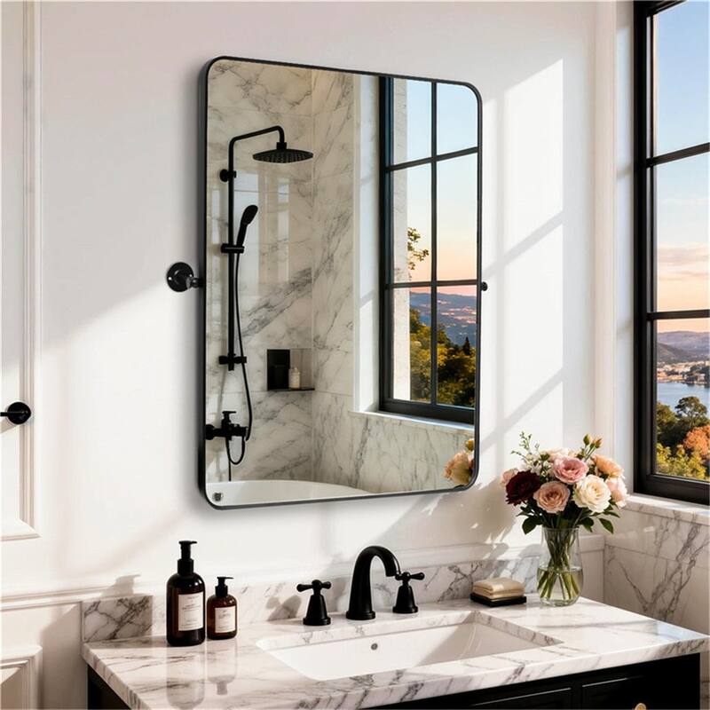 Matte Black Pivot Mirror for BathroomTilt Rounded Rectangle Vanity - 20" x 28"