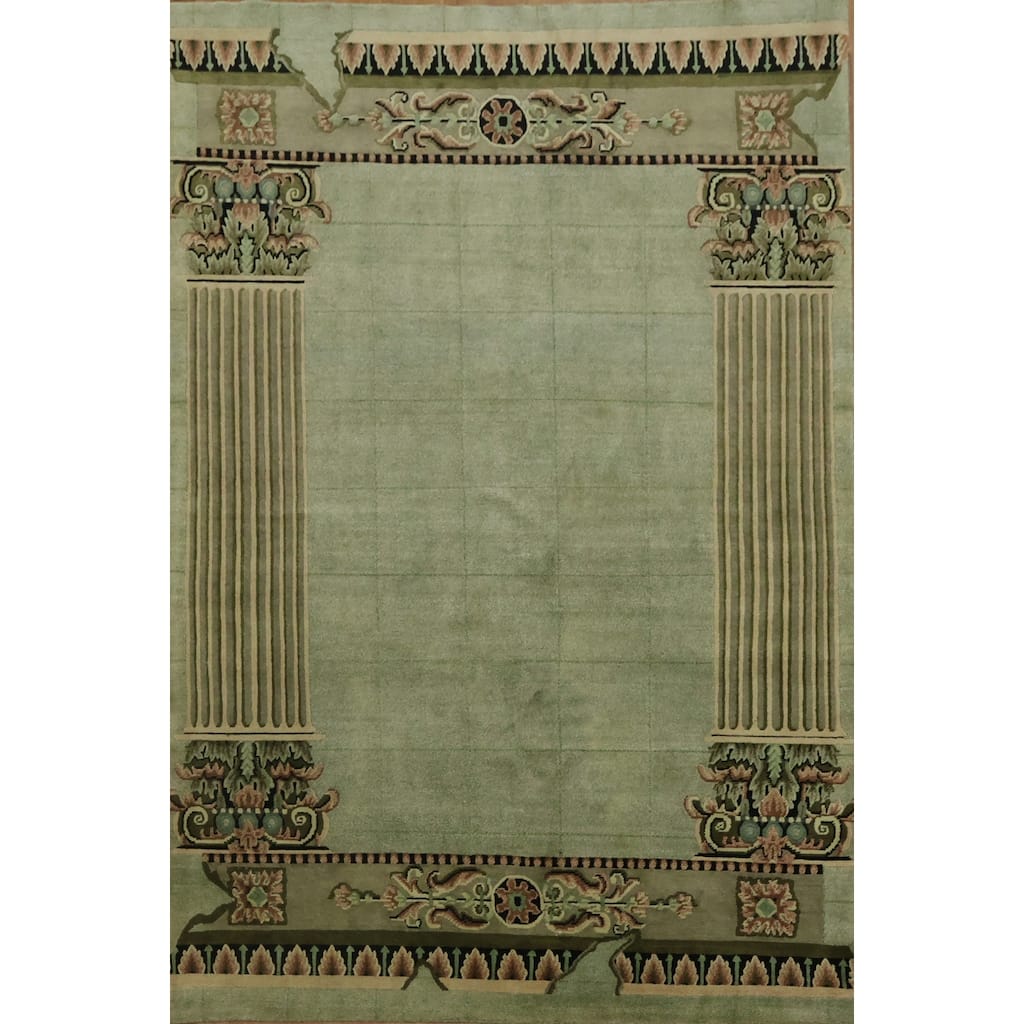 Hand Knotted Oriental 100% Wool Carpet Modern Geometric Green Nepalese Area Rug - 9' 0'' X 6' 0''