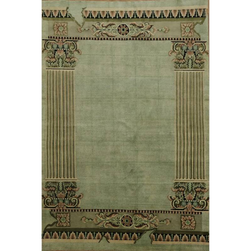 Hand Knotted Oriental 100% Wool Carpet Modern Geometric Green Nepalese Area Rug - 9' 0'' X 6' 0''
