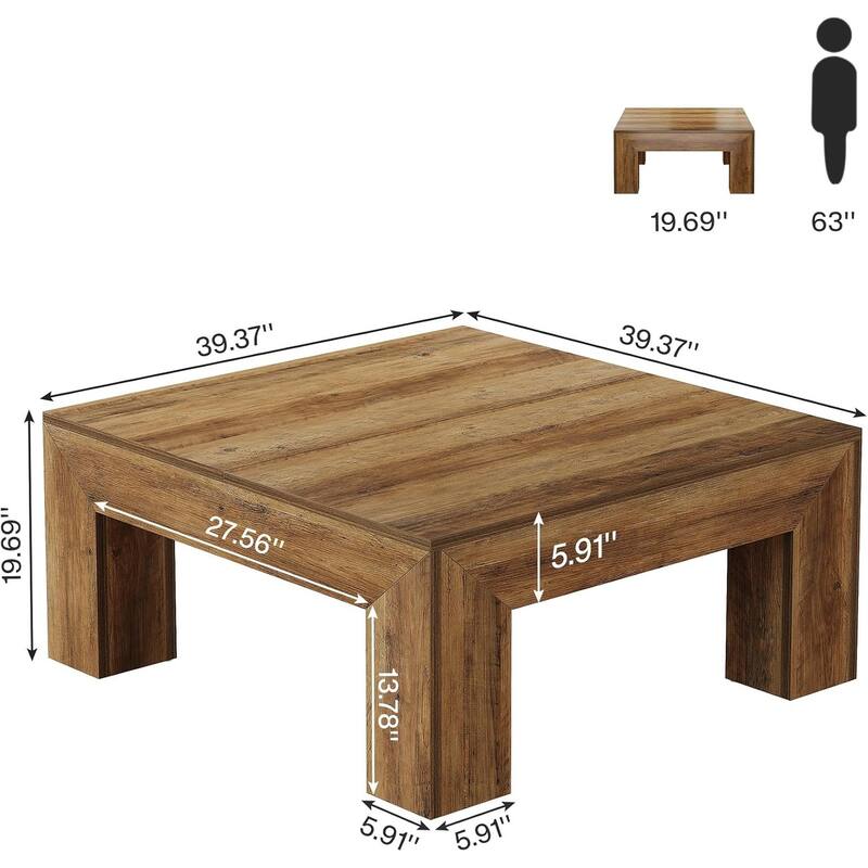 39.4" Square Coffee Table for Living Room, Farmhouse Center Cocktail Table (MDF) - 39.4" L x 39.4" W x 19.7" H