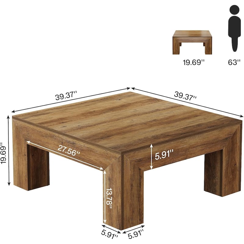 39.4-Inch Square Coffee Table for Living Room, Farmhouse All Wooden Center Table