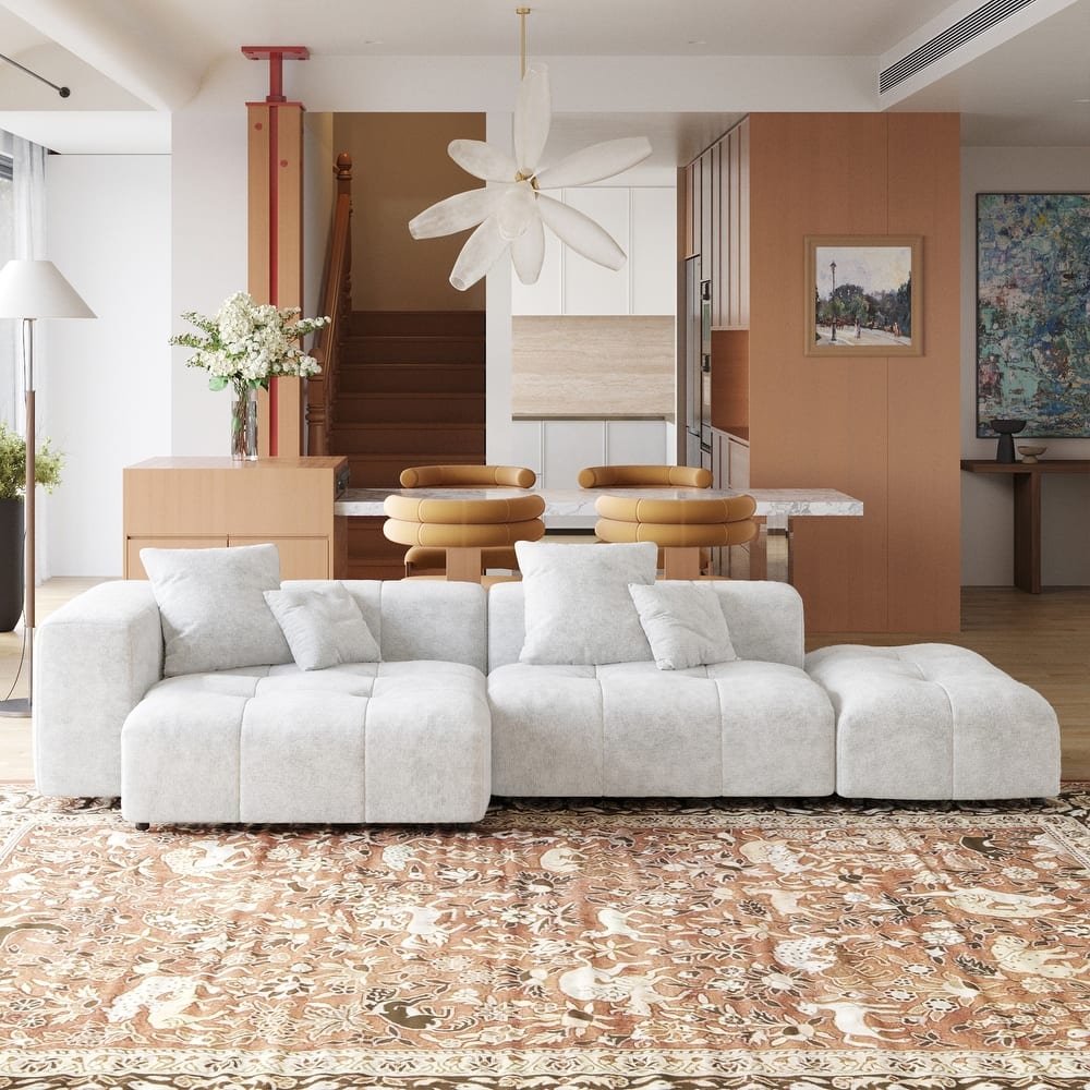 119 Inch Cloud Couch Modular Sectional Sofa with Ottoman,Linen Deep Seat with Pillows Couches for Living Room