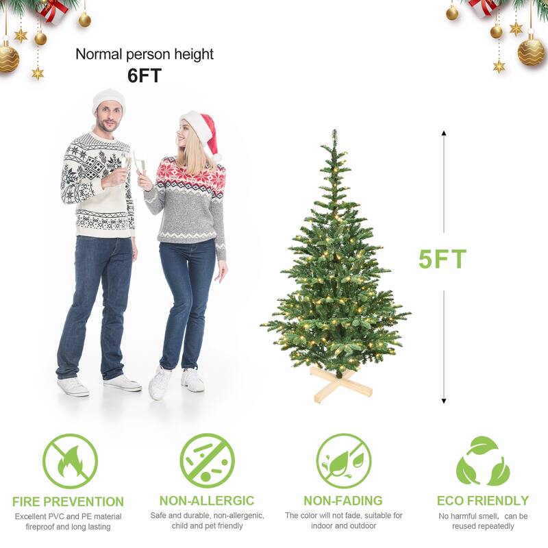 Pre-Lit Artificial Christmas Tree - Warm White LED Lights, PE+PVC Tips, Wooden Base, Home Decor - Green