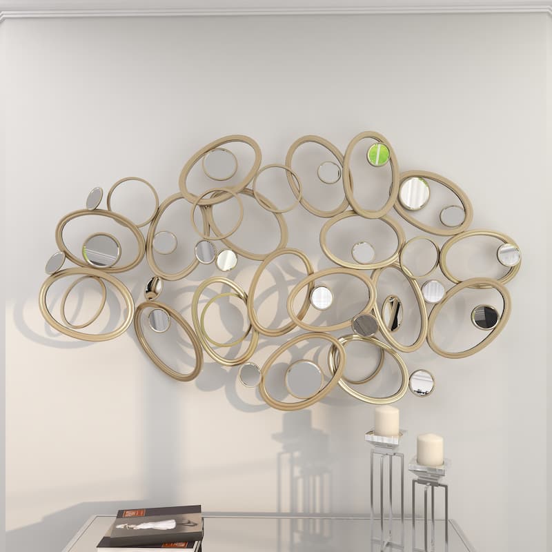 Silver Metal Overlapping Oval Geometric Home Wall Decor with Round Mirrored Accents