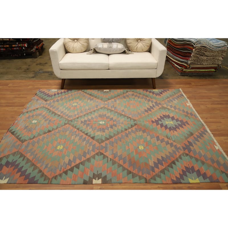 Hand Woven Oriental 100% Wool Carpet Southwestern Tribal Multi-Colored Kilim Area Rug - 7' 2'' X 5' 8''