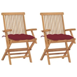 vidaXL Patio Chairs with Wine Red Cushions 2 pcs Solid Teak Wood - 21.7" x 23.6" x 35"